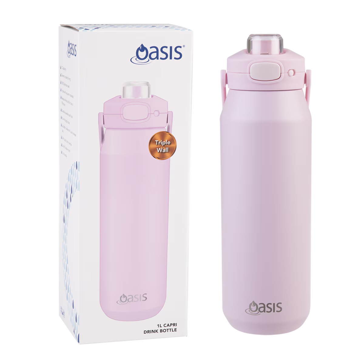 Oasis Ceramic Lined S/S Triple Wall Ins Capri Drink Bottle w/quick Release Lid 1l - Pink Lemonade