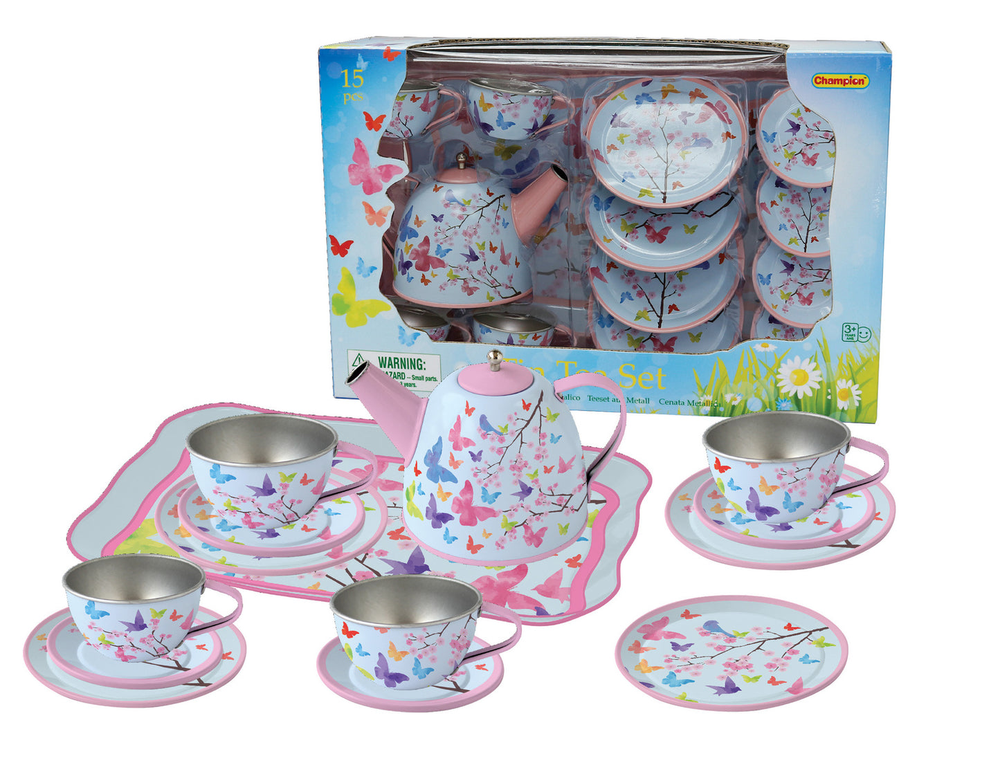 Pink Blossom Buttefly Tin Tea Set 15 Pieces