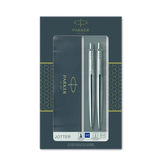 Pen Parker 2 Piece Gift Set - Ball Point Jotter & Stainless Steel Chrome Mechanical Pencil