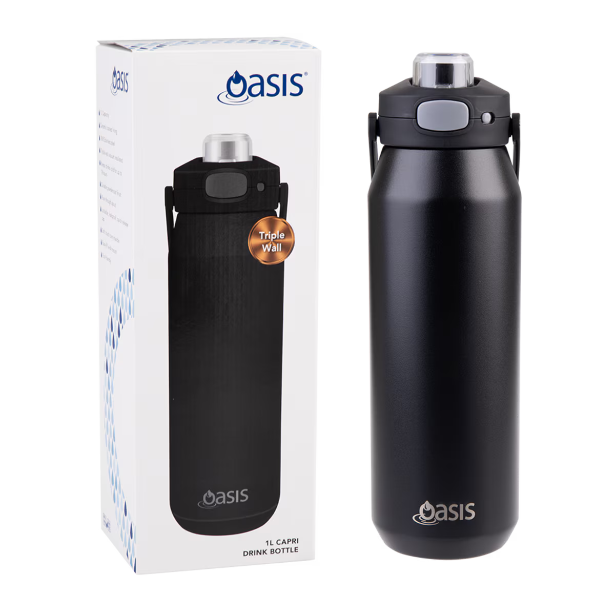 Oasis Ceramic Lined S/S Triple Wall Ins Capri Drink Bottle w/quick Release Lid 1l - Black