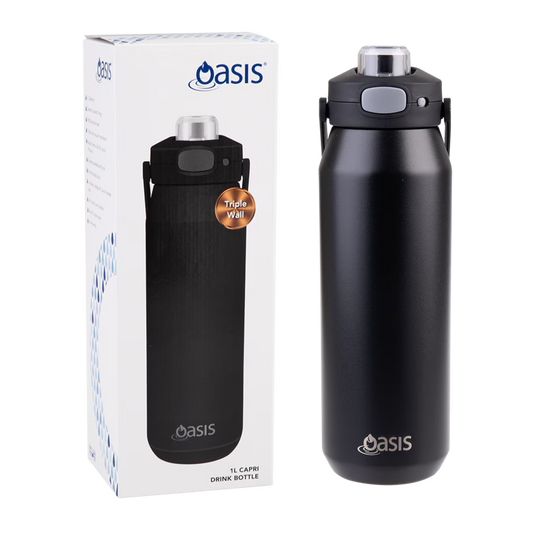 Oasis Ceramic Lined S/S Triple Wall Ins Capri Drink Bottle w/quick Release Lid 1l - Black