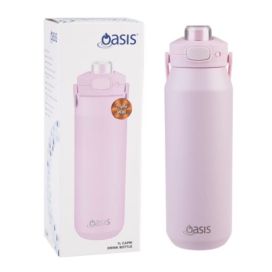 Oasis Ceramic Lined S/S Triple Wall Ins Capri Drink Bottle w/quick Release Lid 1l - Pink Lemonade