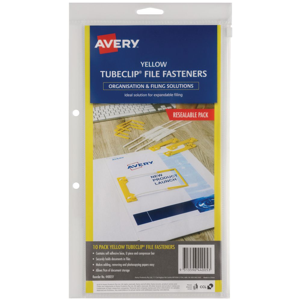 Tubeclip File Fastener Avery 10 Pack Yellow