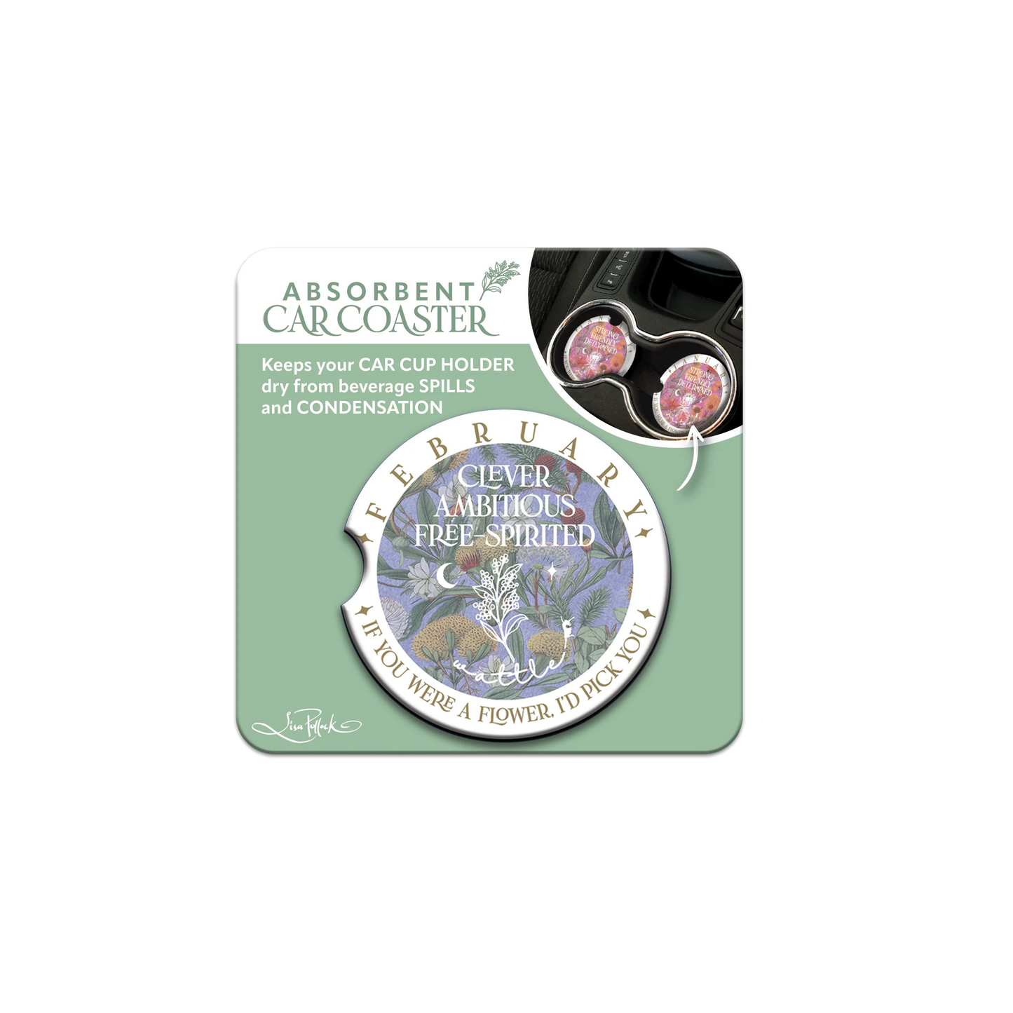 Ceramic Car Coaster - February - Wattle