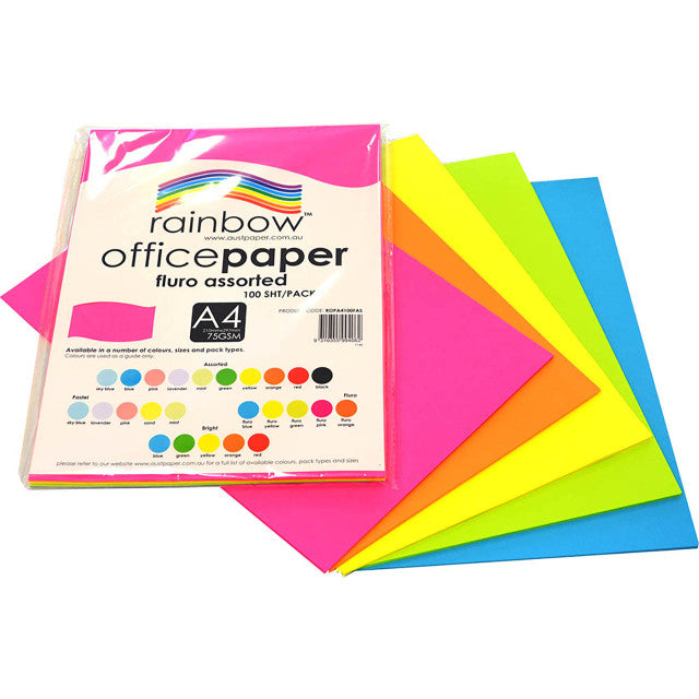 Copy Paper A4 75GSM Fluor Assorted Colours 100 Pack