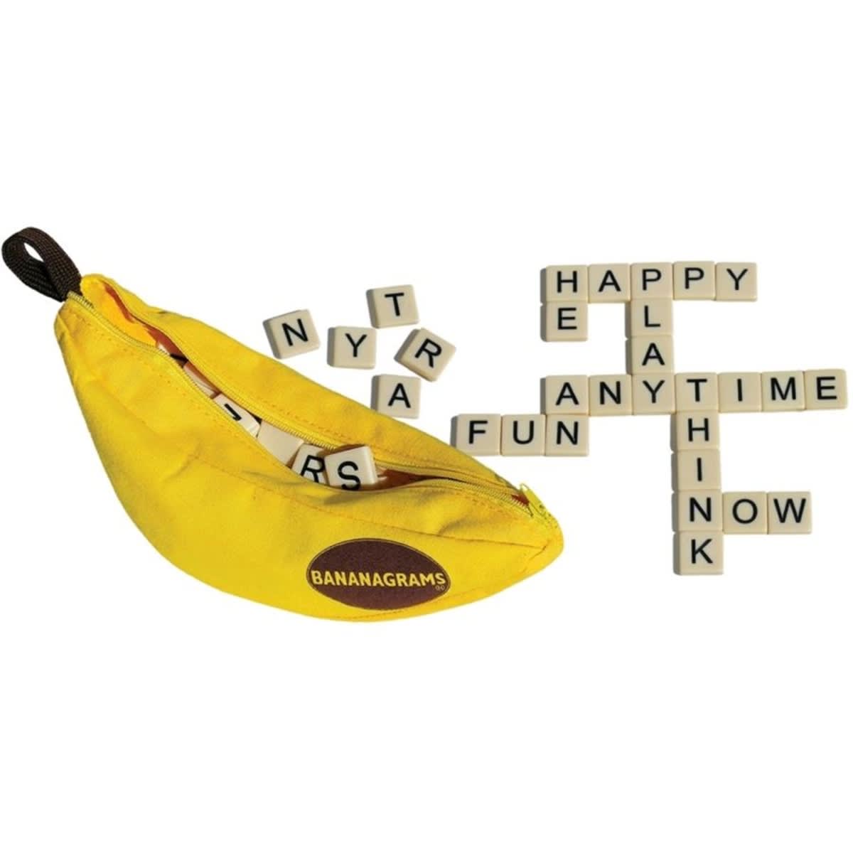 Banagrams Game example of play and open banana shaped container