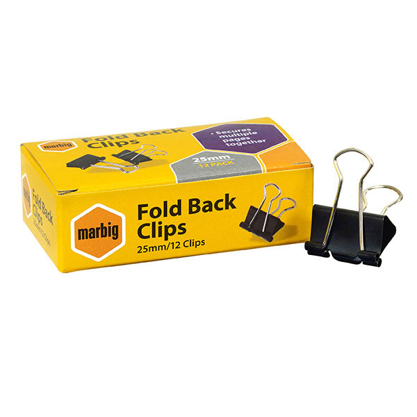 Fold Back Clips Marbig 25mm Black 12 Pack