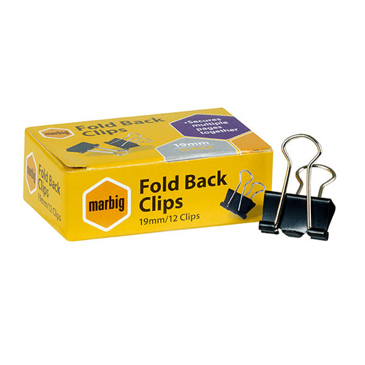 Fold Back Clips Marbig 19mm Black 12 Pack