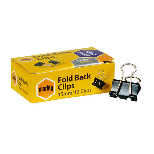 Fold Back Clips Marbig 15mm Black 12 Pack