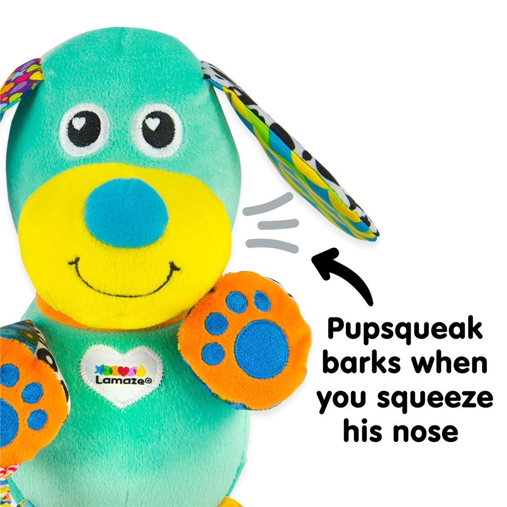 Lamaze Pupsqueak Toy with text Pupsqueak barks when you squeeze his nose
